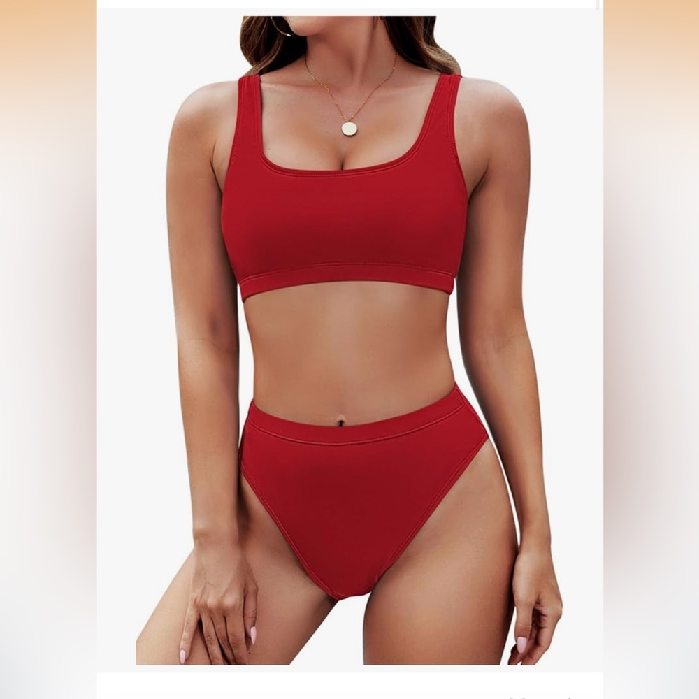 Amazon Red Bikini Set - Solid Scoop Top & High-Cut Bottoms